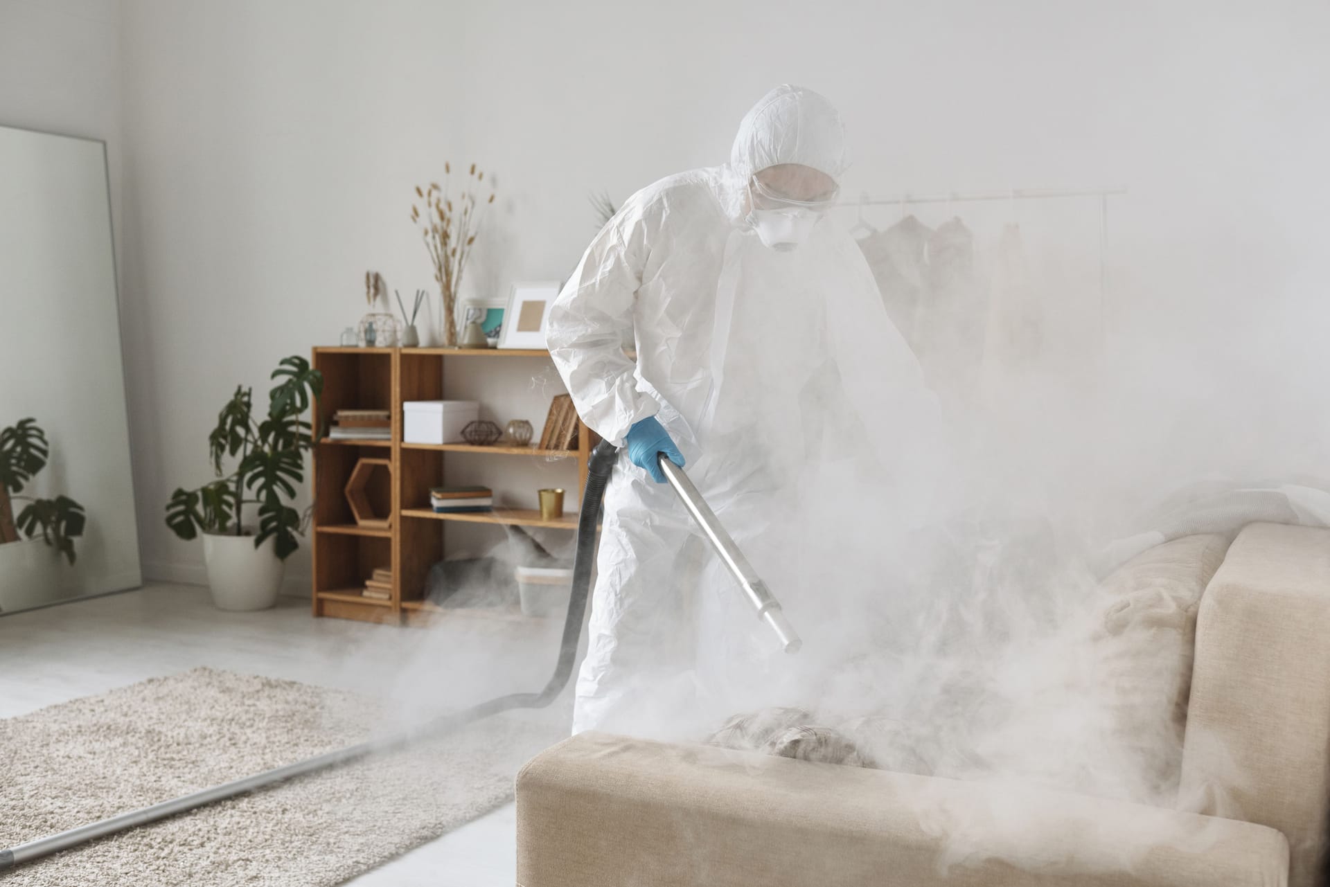 Technicien VERIGUARD réalisant un traitement anti-nuisibles dans un intérieur
